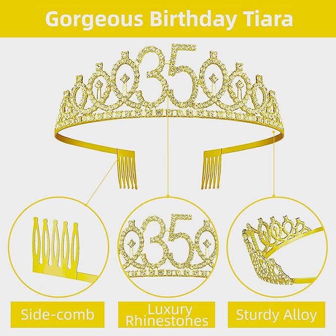35th Birthday Decorations for Her Girls Set, Include 35th Birthday Crown and 35 Sash, 35th Birthday Cake Topper and 35 Birthday Candles, Gold 35 Balloons, Women 35th Party Supplies(Gold)