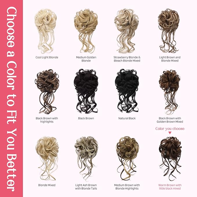 HOOJIH Messy Bun Hair Piece, 2PCS Tousled Updo with Tendrils Hair Bun Extensions Wavy Curly Hair Wrap Ponytail Hairpieces Hair Scrunchies for Women HB010 Dasiy - Warm Brown with little black mixed