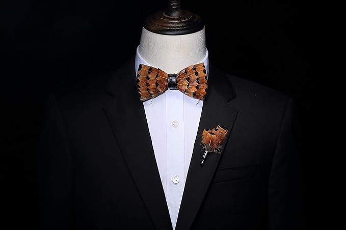 RBOCOTT Handmade Feather Pre-tied Bow tie and Brooch Sets for Men