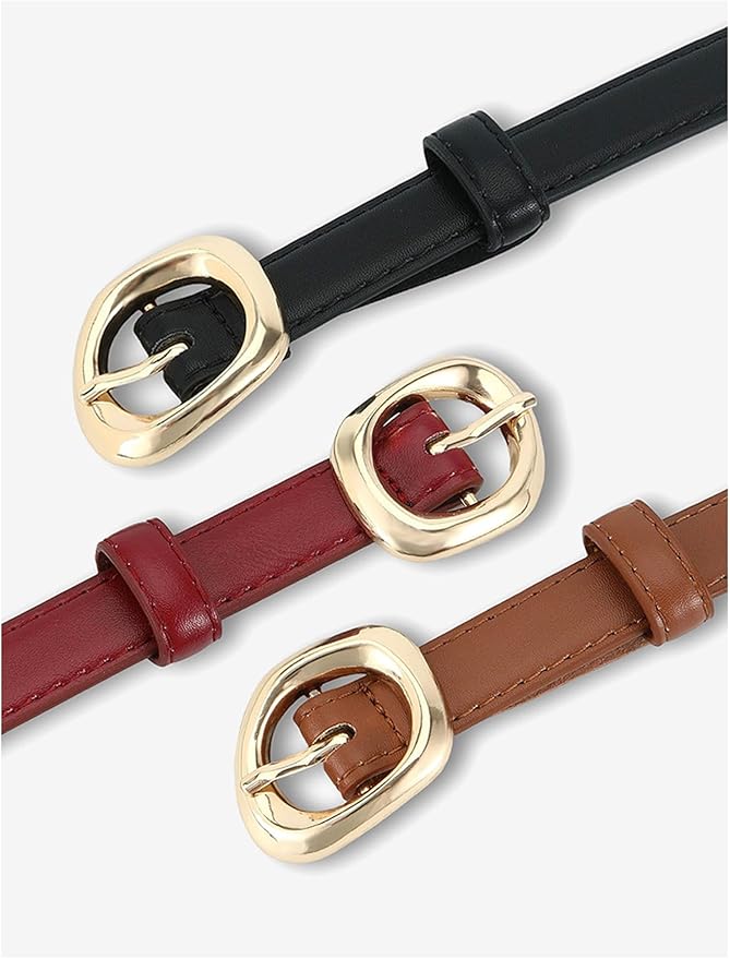 Thin Belt for Women Jeans Faux Leather Ladies Skinny Waist Belts for Dresses Pants with Trendy Gold/Silver Buckle