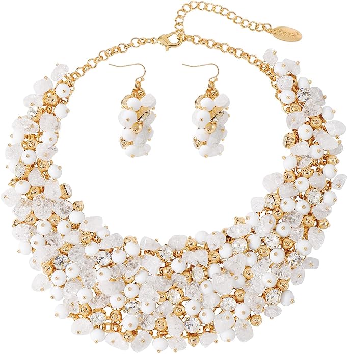 Bocar Fashion Crystal Chunky Collar Statement Necklace Earring Set for Women Gift (NK-10260)