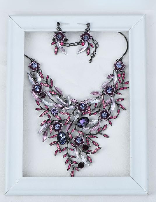 Vintage Women Beautiful Crystal Flower Enamel Blossom Flower Collar Bib Statement Necklace and Earrings Set for Women Wedding Bridal Prom