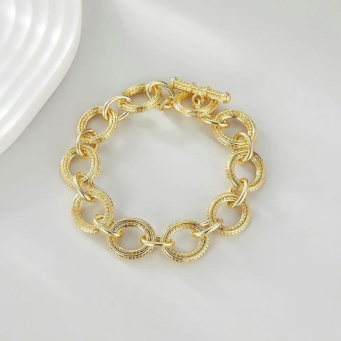 Mytys Chunky Chain Link Bracelet Two-Tone Mixed Metal Textured Toggle Clasp Statement Bangle Bracelet Jewelry for Women Fashion