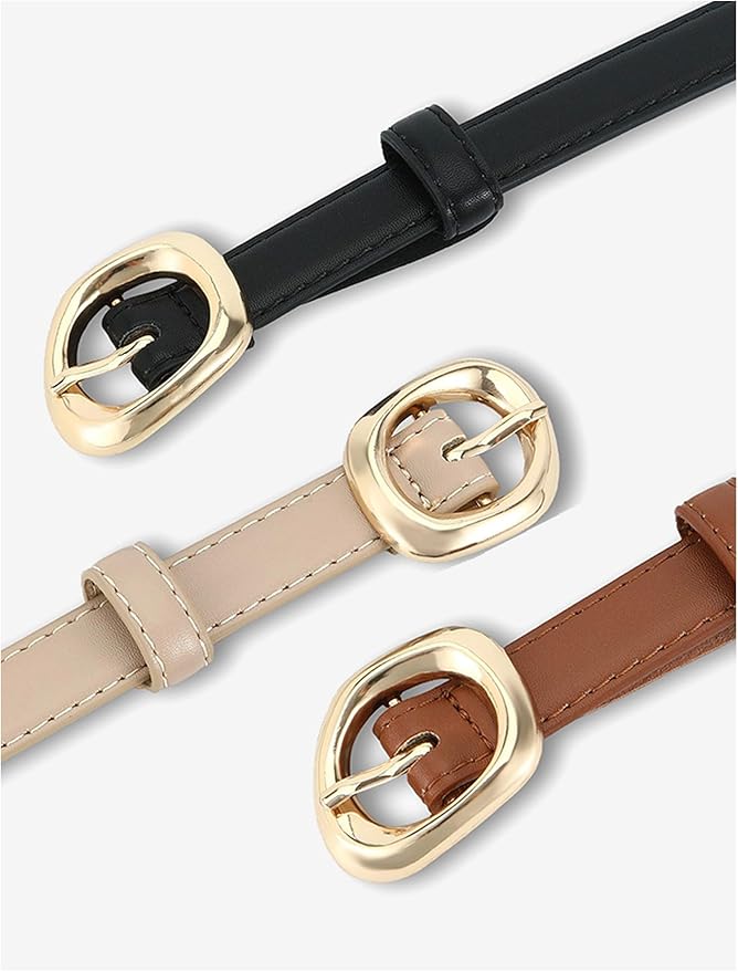 Thin Belt for Women Jeans Faux Leather Ladies Skinny Waist Belts for Dresses Pants with Trendy Gold/Silver Buckle