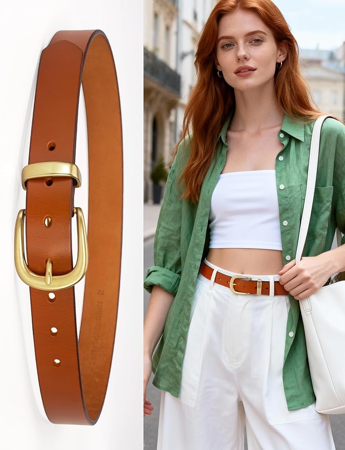 Womens Belts for Jeans 1.1" Width Ladies Belts for Dresses Full Grain Leather Gold Buckle Belt Gift Box