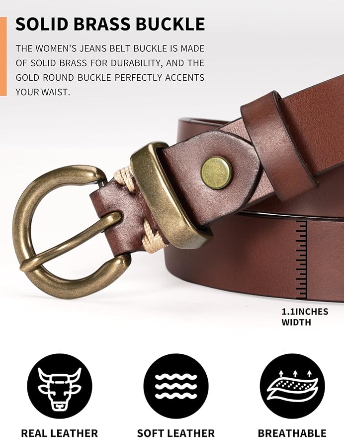 Womens Belt for Jeans Genuine Leather Belt Vintage Solid Brass Circle buckle Gift Box Packaging