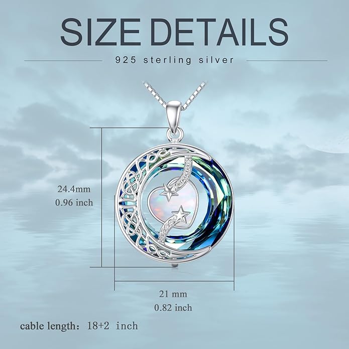 TOUPOP Birthstone Necklace 925 Sterling Silver Moon and Star Pendant with Blue Crystal Celtic Moon Jewelry Birthday Valentines Day Gifts for Women Mom Wife Her