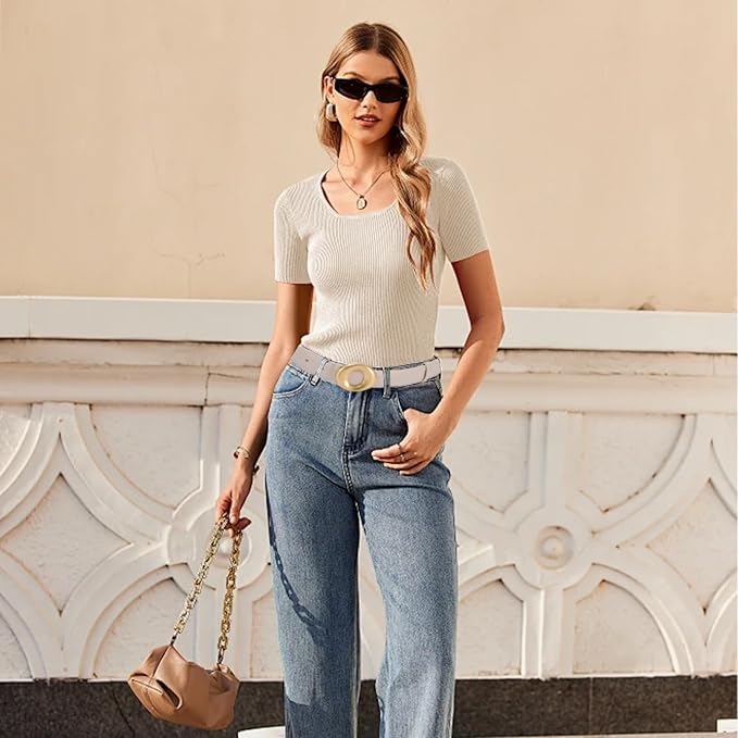 Women's Elegant Casual Genuine Leather Belt with Matte Oval Vintage Gold Buckle for Jeans Pants Dresses