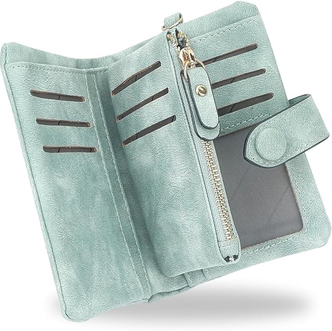 Women's Leather Wristlet Wallet, Bifold RFID Purse with ID Window, Zipper Coin Pocket for Daily Essentials (Light Green)
