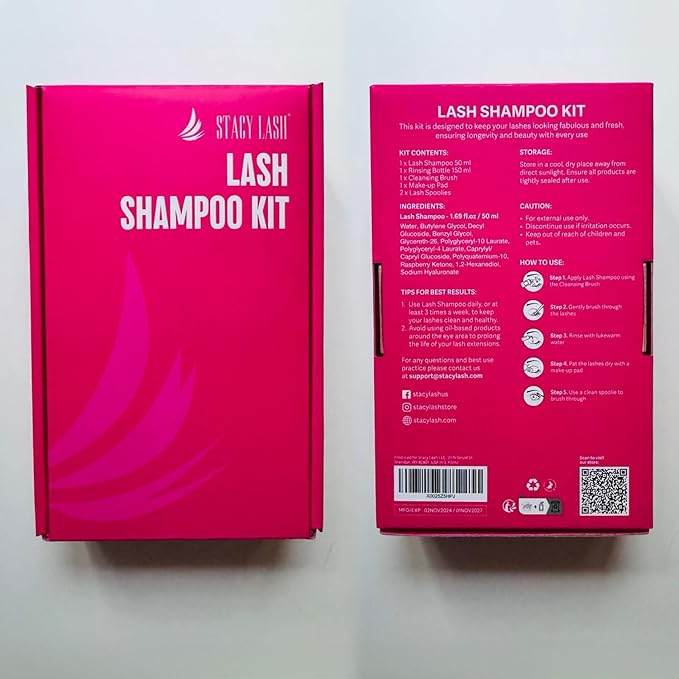 STACY LASH Lash Shampoo Kit Foaming Cleanser with Eye Lash Spoolies & Rinse Bottle & Cleansing Pad & Brush for Eyelash Extensions & Clusters & Natural Eyelashes