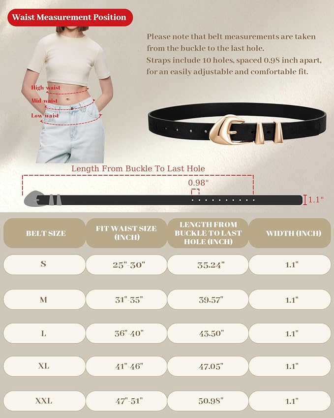 XZQTIVE Women's Leather Belts for Jeans Dress Pants Black Brown Belts for Women Ladies Waist Belts with Gold Buckle