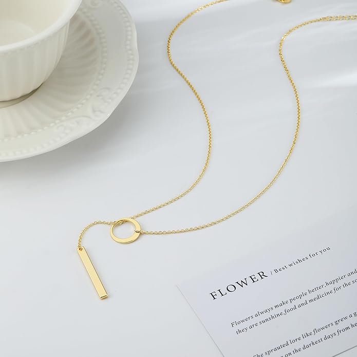 Long Gold Necklace for Women Trendy, Dainty Layered Lariat Necklace 14k Gold Plated Silver Y Shaped Beaded Chain Non Tarnish Drop Necklaces Simple Adjustable Jewelry Gift