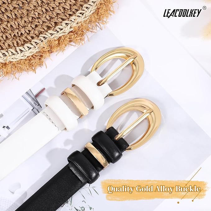 2 Pack Women Leather Belts for Jeans Dress Fashion Ladies Belt with Gold Silver Buckle