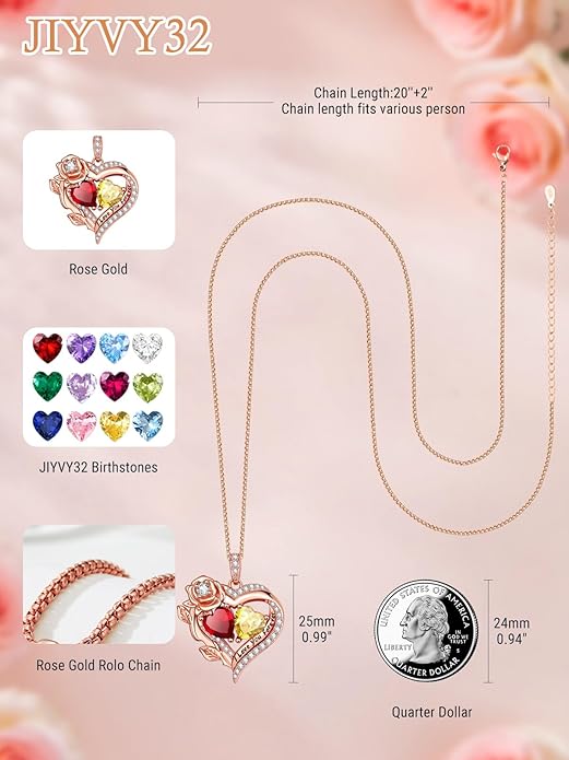 Rose Heart Necklaces for Women, Rose Gold Forever Love Jewelry with 2 Birthstones Pendant, Christmas Anniversarry Birthday Gifts for Her Wife Mom Grandma, 18+2 Inch Chain