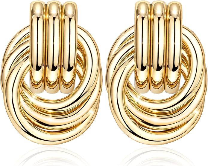 Gold Plated Statement Chunky Dangle Stud Earrings for Women, Gold Plated Hoop Knot Claw Earrings Tarnish Free Jewelry for Women Gifts