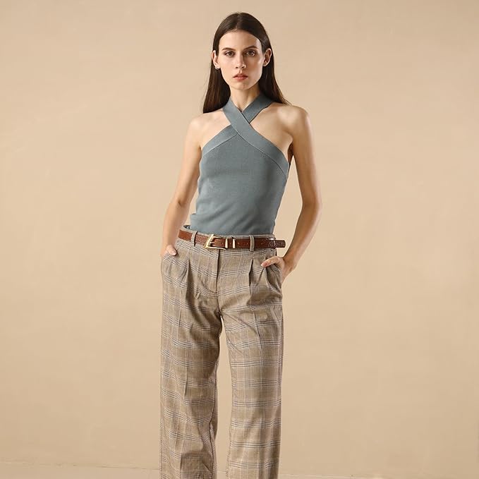 Women's Brown Belt Trend Belt with Gold Buckle Fashion Leather Waist Belt for Jeans Pants