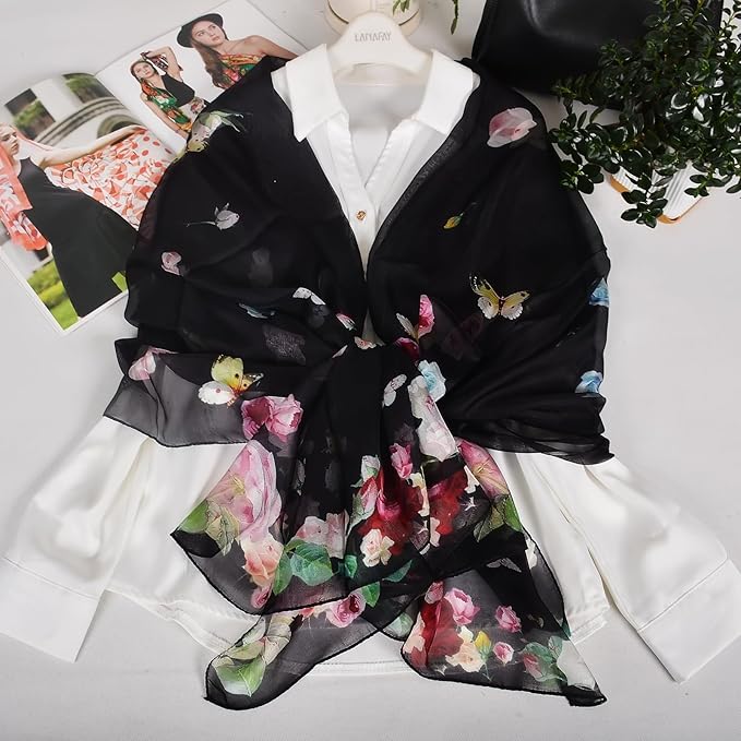 100% Mulberry Silk Women's Neck Silk Scarf-Lightweight Shawl,FLoral Print Beach Silk Wrap-Scarves for Photography