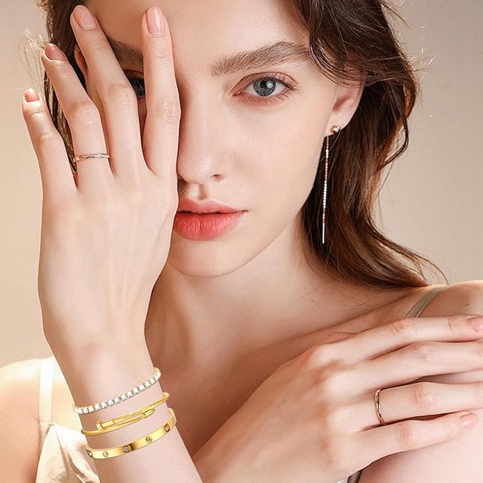 Gold Bracelets for Women-4Pcs/3Pcs,18K Gold Plated Bangle Tennis Bracelets Stack Set for Women Trendy Non Tarnish Stainless Steel Gold Bangles Accessories Designer Jewelry
