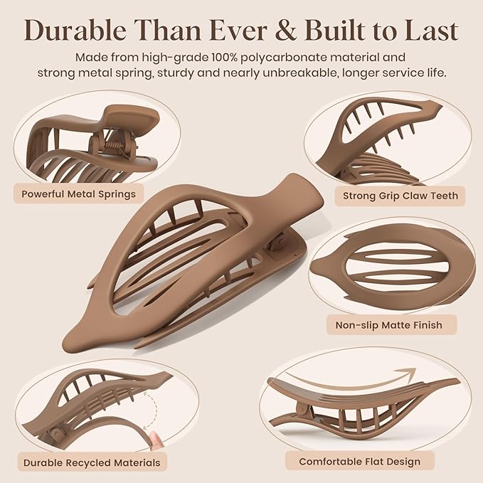 6 PCS Large Flat Hair Clips for Women Girls, French Concord Lay Down Claw Clips for Thick Thin Hair, Comfortable Curved Flat Clips, Matte Non-slip Strong Hold Hair Accessories, Neutral