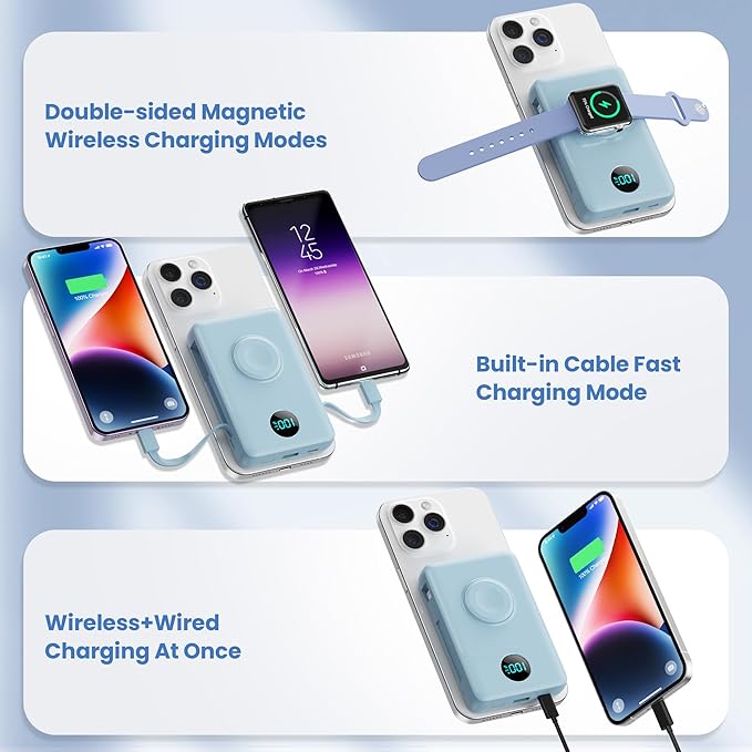 Magnetic Portable Charger for iPhone with Built-in Cables,6-in-1 10800mAh Power Bank with iWatch Charger & LCD Display,25W Fast Charging Battery Pack for iPhone 17/16/15/14/13/12,Apple Watch(Sky Blue)