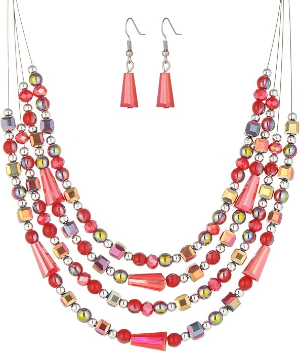 Layered Beaded Statement Necklace Multi Strand Crystal Beads Collar Necklace and Earring Sets for Women Fashion Costume Jewelry Set Gifts for Her