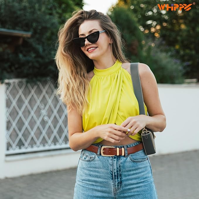 WHIPPY Women's Leather Belts for Jeans Pants Fashion Ladies Belt Gold Buckle Belts for Women