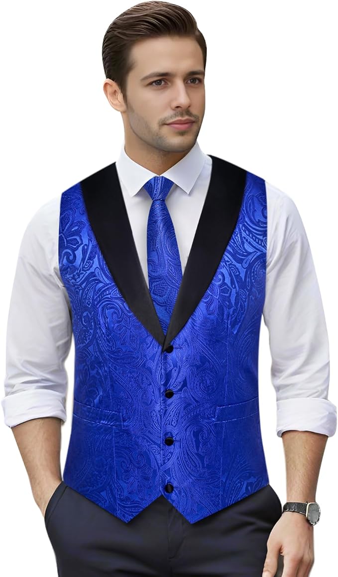 DiBanGu Mens Paisley Suit Vest Silk Jacquard Waistcoat and Necktie Set Formal Shawl Collar Dress Vest 7PCS for Wedding Party