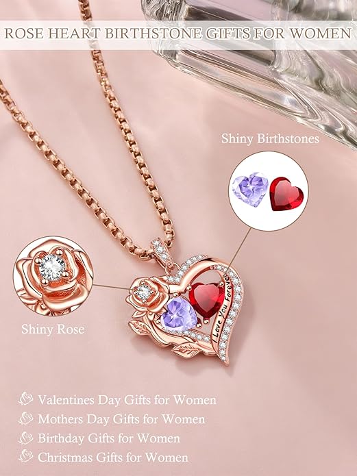 Rose Heart Necklaces for Women, Rose Gold Forever Love Jewelry with 2 Birthstones Pendant, Christmas Anniversarry Birthday Gifts for Her Wife Mom Grandma, 18+2 Inch Chain
