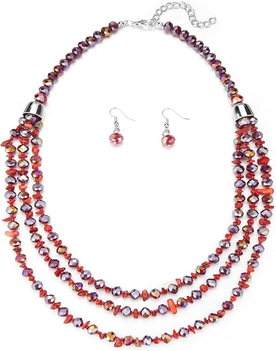 Layered Beaded Statement Necklace Multi Strand Crystal Beads Collar Necklace and Earring Sets for Women Fashion Costume Jewelry Set Gifts for Her