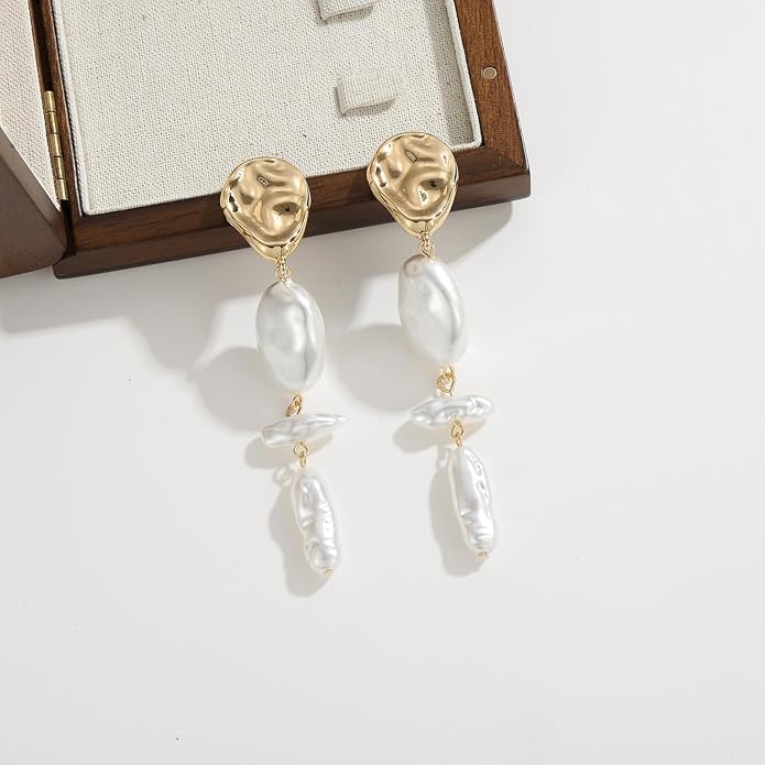 Statement Pearl Dangle Earrings,Gold and Large Pearl,Luxury Chandelier Organic Style Earrings
