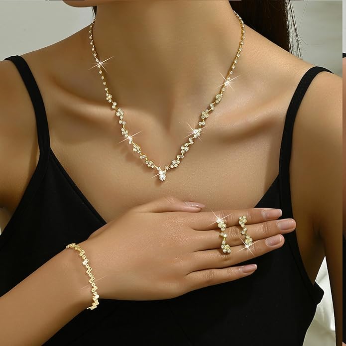 Wedding Jewelry Sets for Brides Silver Rhinestone Necklaces Earring Bracelet Set Wedding Sets for Women Prom Jewelry Sets for Women