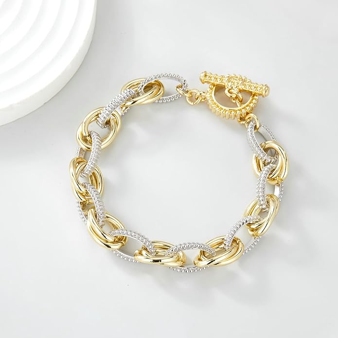 Mytys Link Bracelet for Women Gold and Silver 2 tone Circles Chain Wire Bangle Bracelets