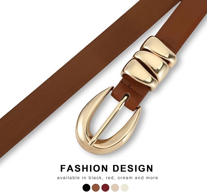 Skinny Leather Waist Belt - Gold Buckle Dress Belt for Women's Jeans & Dresses