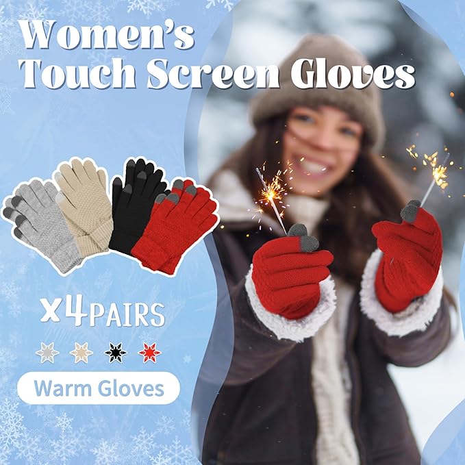 Omisy 4 Pairs Winter Gloves Women Touchscreen Cold Weather, Valentines Day Gifts for Her Wife Mom Girlfriend, Wam Mitten