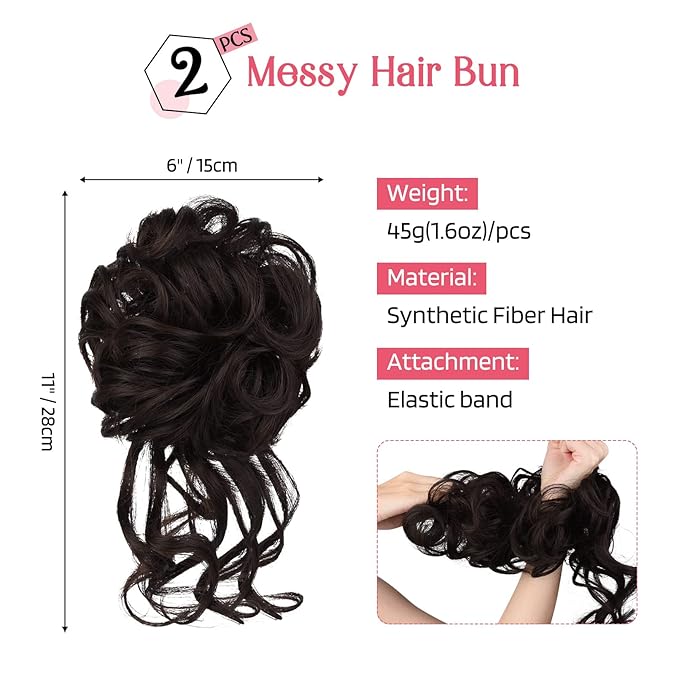 HOOJIH 2PCS Messy Bun Hair Piece, Tousled Updo with Tendrils Hair Bun Extensions Wavy Curly Hair Wrap Ponytail Hairpieces Hair Scrunchies for Women HB010 Dasiy - Dark Brown