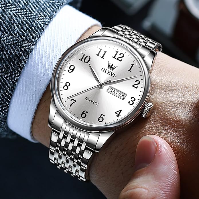 OLEVS Mens Watch Stainless Steel Analog Quartz Watches for Men Day Date Easy Read Diamond Waterproof Dress Luxury Classic Casual Big Face Blue/Black/Gold/Silver Roman Arabic Numerals Men's Wrist Watch