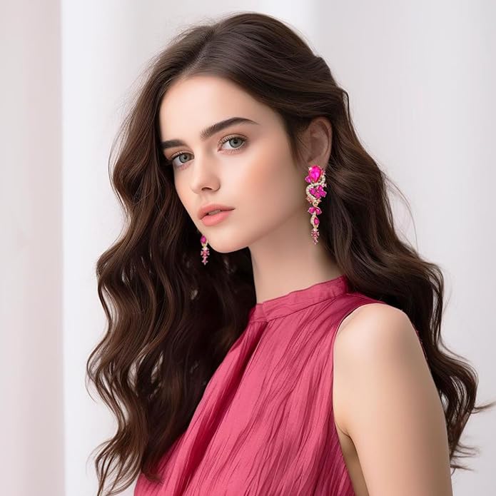 Fashion Rhinestone Statement Drop Dangle Earrings Long Colorful Crystal Bridal Wedding Teardrop Chandelier Earrings for Women Prom Pageant