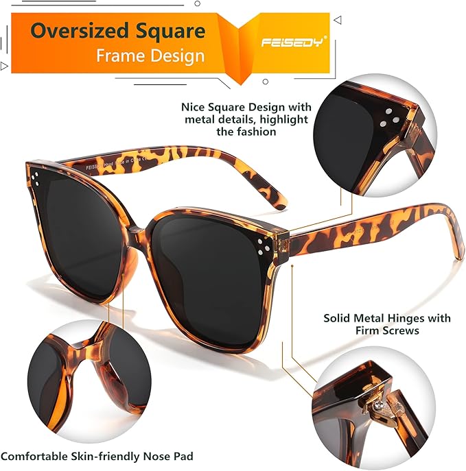 FEISEDY Oversized Polarized Sunglasses - UV400 Protection, Square Fashion Sun Glasses for Outdoor & Daily B2600