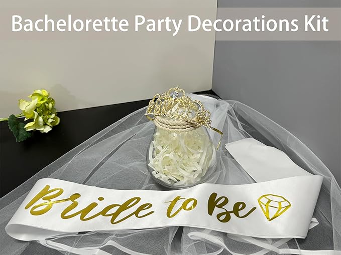 JETKONG 3 Pcs Bachelorette Party Decorations BRIDE Crown, Bride to Be Sash&Veil for Women Bachelorette Party Gifts, Bridal Shower Supplies, Gifts, Favors (Gold)