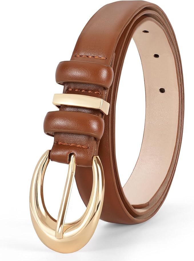 TRIWORKS Women Leather Belt for Jeans Pants Fashion Ladies Skinny Faux Leather Dress belt with Gold Buckle