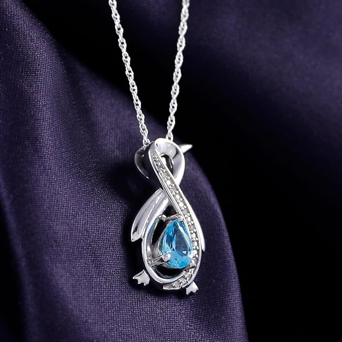 Infinity Penguin Pendant Necklace for Women, 14K Gold Over Sterling Silver with Pear & Round Cut Simulated Birthstone & White Diamond Accents, Dainty Animal Jewelry Gift with 18" Chain