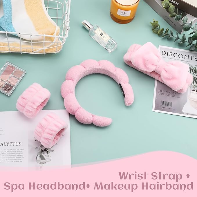 Spa Headband & Wristband Set for Women – Puffy Sponge Makeup Headband for Washing Face, Skincare Hairband, Cute Presents for Teenage Girls and Trendy Teen Girl Gifts