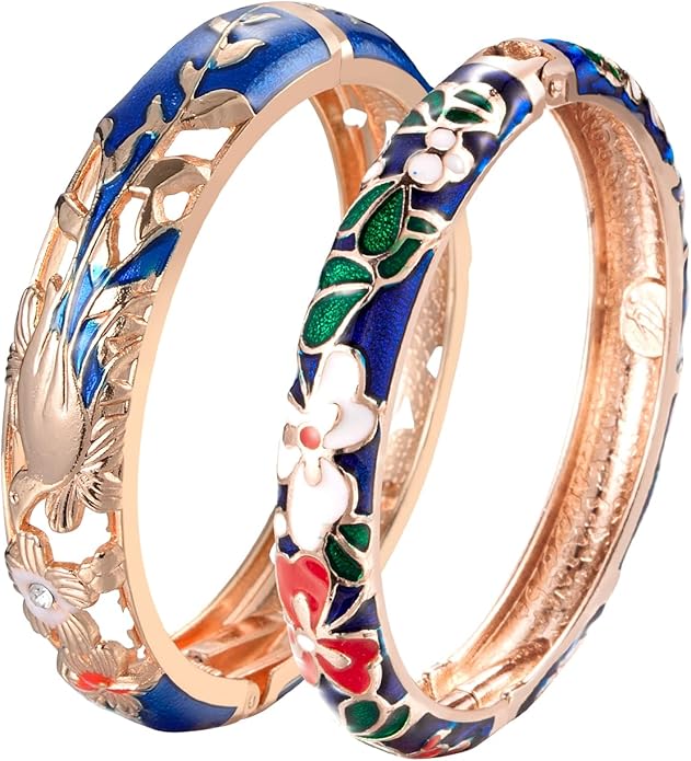 wynameleri Vintage Cloisonne Jewelry Gorgeous Rhinestone Handcrafted Bracelets Enamel Flower Bird Hinged Cuff Bangles Gifts 88A
