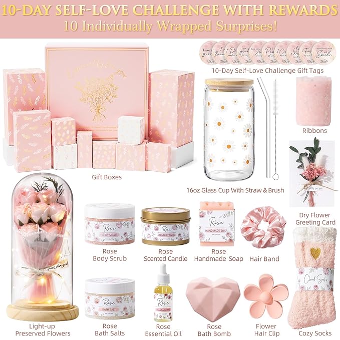 Valentines Gifts for Women & Teenage Girls, 10 Day Self Love Challenge to Unlock 10 Wrapped Spa Gift Baskets, Tween Teen Girl Trendy Stuff Bath Shower Sets Self Care Birthday Gifts Stocking Stuffers