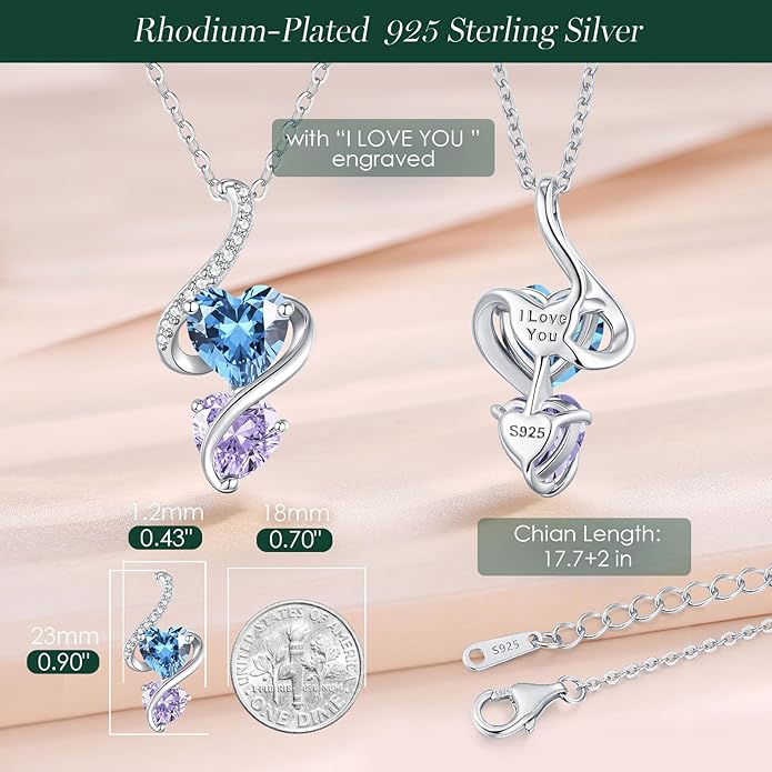 LOUISA SECRET Unique Double Heart Necklace Gifts for Wife Women, 925 Sterling Silver Tiny Birthstone Pendant Jewelry Gift for Her Girlfriend Mom Valentine's Day Anniversary Mother's Day Birthdays & Christmas