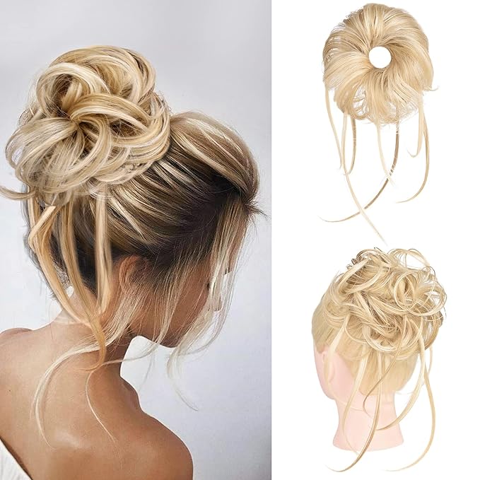 HOOJIH Messy Bun Hair Piece, Super Long Tousled Updo Hair Bun Extensions Wavy Hair Wrap Ponytail Hairpieces Scrunchies with Elastic Hair Band for Women HB007 Grace - Blonde Mixed