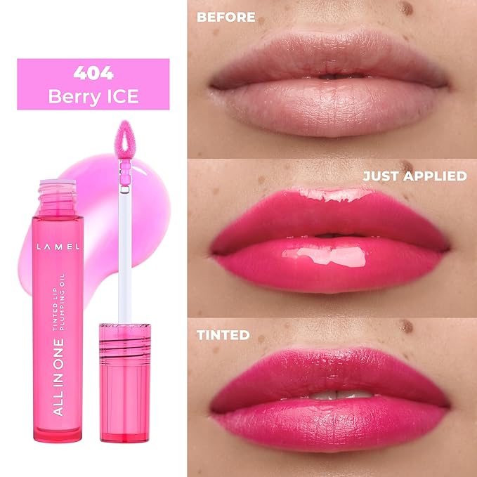 Lamel All-in-One Lip Tinted Plumping Oil - Universal Color & Moisture, Soft Balm for Day & Night Use, Lip Mask&Lip Gloss - Long-Lasting & Scented, Berry Ice 404-3ml/0.1fl.oz