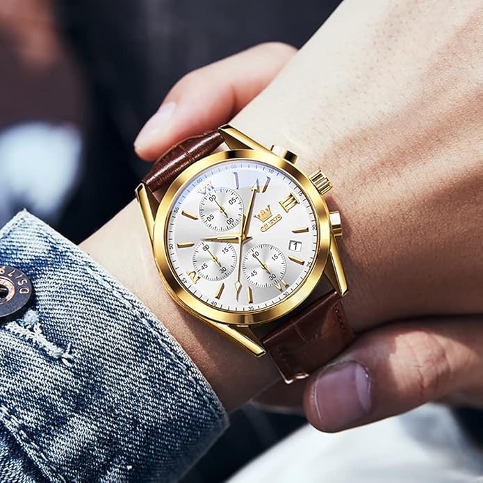OLEVS Men's Watches Brown Leather with Date,Casual Watches for Men,Large Face Watches Men,Chronograph Mens Watch,Sport Waterproof Business Dress Analog Quartz Men's Wrist Watches Reloj De Hombre