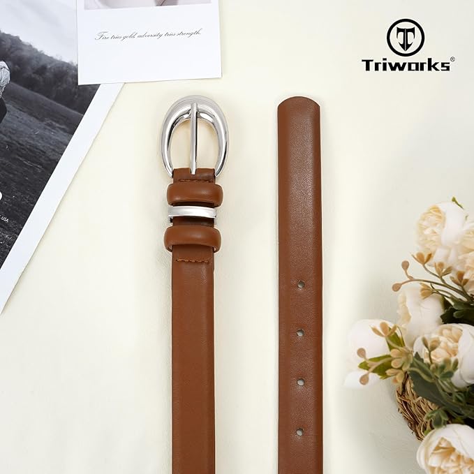 TRIWORKS Women Leather Belt for Jeans Pants Fashion Ladies Skinny Faux Leather Dress belt with Gold Buckle