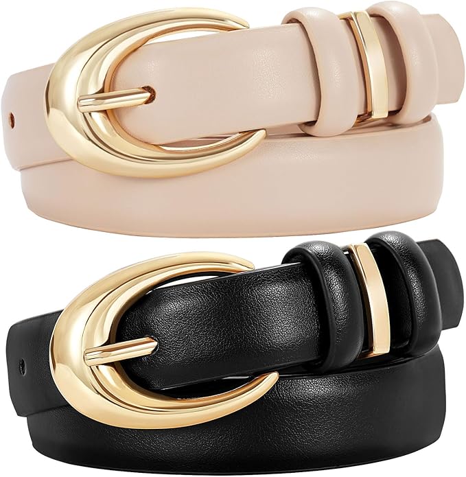 TRIWORKS 2 Pack Women Leather Belt for Jeans Pants Fashion Ladies Skinny Faux Leather Belt with Gold Buckle